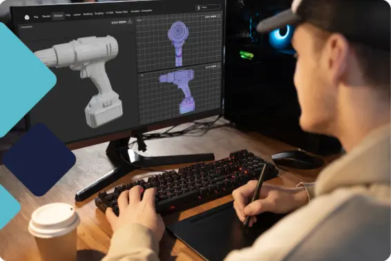 Un ingeniero o diseñador realizando modelado 3D en el software SolidWorks.