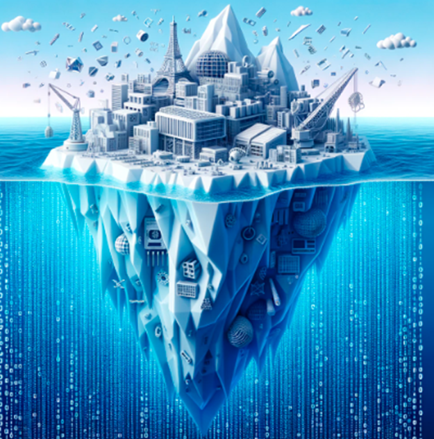 Un iceberg conceptual que representa la industrialización por impresión 3D, mostrando lo visible y lo subyacente.