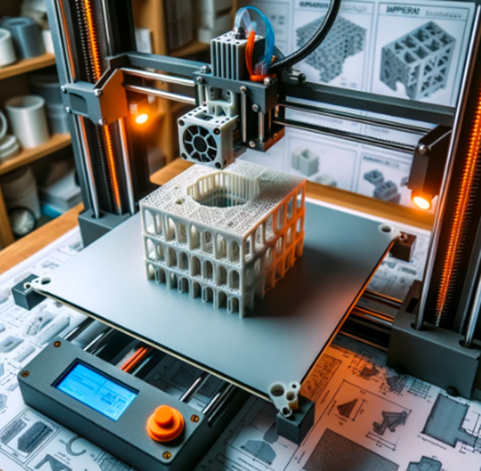 Impresora 3D FDM en funcionamiento, imprimiendo un modelo de castillo.