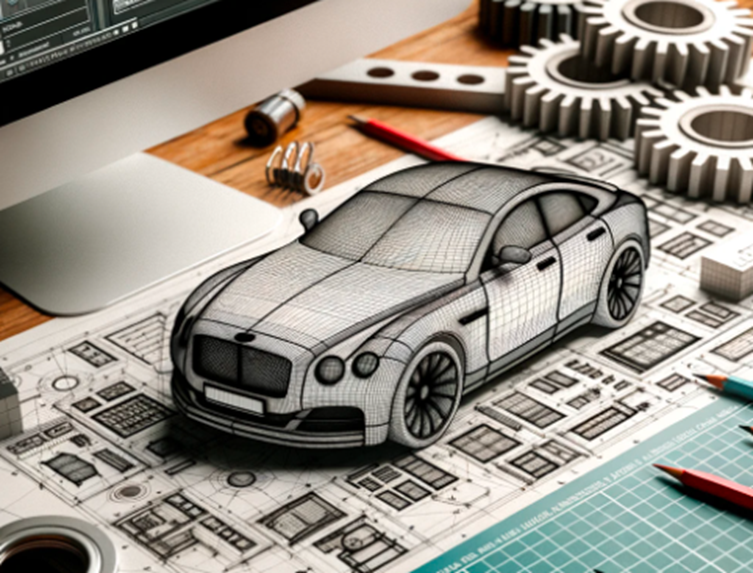 Plano técnico o diagrama de un carro representado en 3D.