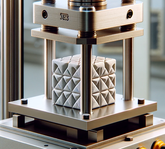 Máquina hidráulica realizando una prueba de compresión sobre un cubo con patrón de relleno de impresión 3D.