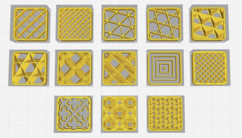 Ejemplos de patrones de relleno en impresión 3D optimizados para máxima resistencia a la compresión.